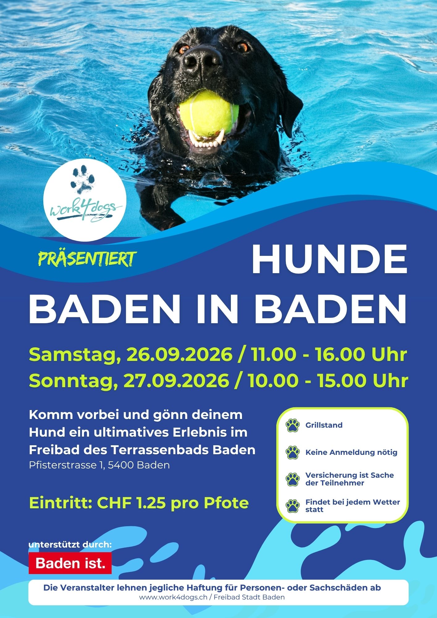 Hunde baden in Baden (﻿﻿www.work4dogs.ch / Freibad Stadt Baden)